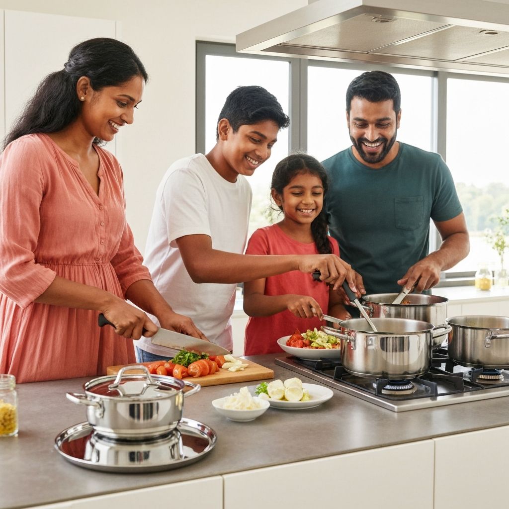 Happy family cooking together with Saladmaster cookware